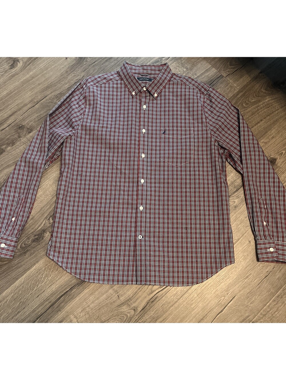 Nautica Mens XL Red/Blue/White Plaid Front Pocket Long Sleeve Button Up Shirt - Picture 2 of 8